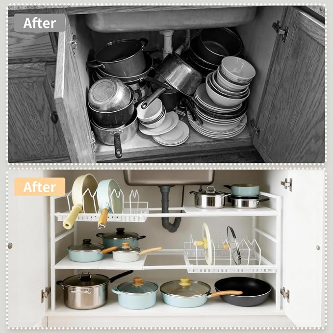 Pots and Pans Organizer Under Cabinet, Expandable Length, Adjustable Height Under Sink Shelf 2 Tier with 5 Dividers Under Cabinet Shelf, Metal Frame for Bathroom Kitchen Pantry Cabinet (White)