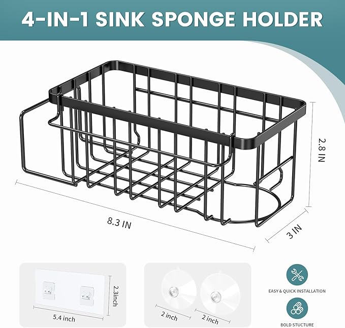 StorageRight 4-in-1 Sponge Holder for Kitchen Sink, Sink Caddy Organizers and Storage with Adhesive Hook & Suction Cups, Rustproof Kitchen Sink Organizer for Home Decor - Black