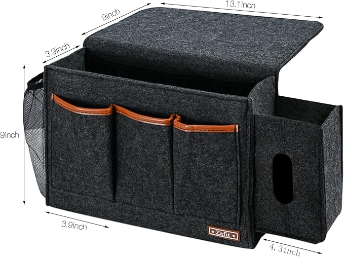 Zafit Bedside Caddy, Large Size Storage Organizer - Bedside Organizer for Magazine, Remotes, Phone (13.4'' x 18.1'' Tissue Box Holder, Dark Grey)