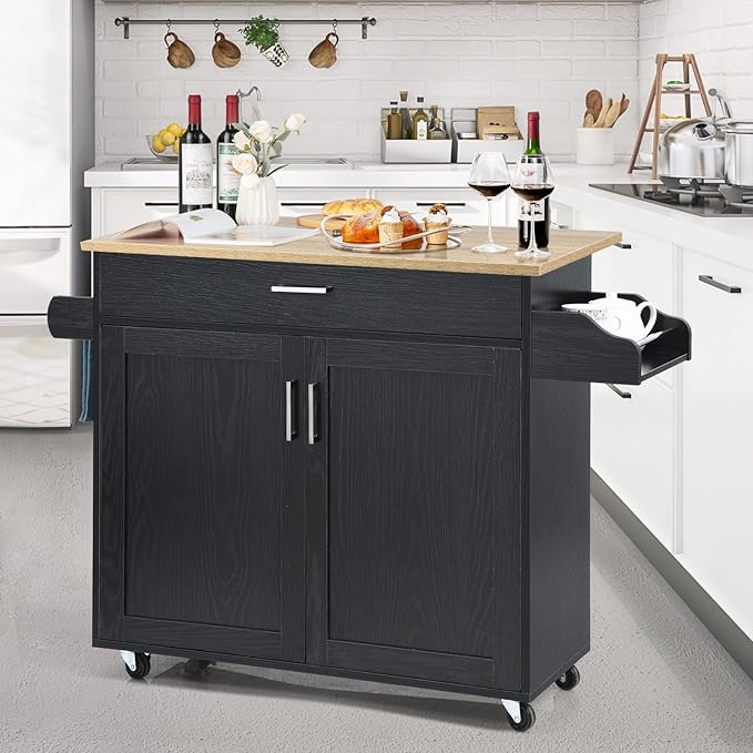 COSTWAY Kitchen Island On Wheels, Rolling Storage Trolley Cart with Large Cabinet, Drawer, Spice Rack and Towel Rack, Kitchen Serving Utility, 3-Position Adjustable Shelf (Black)