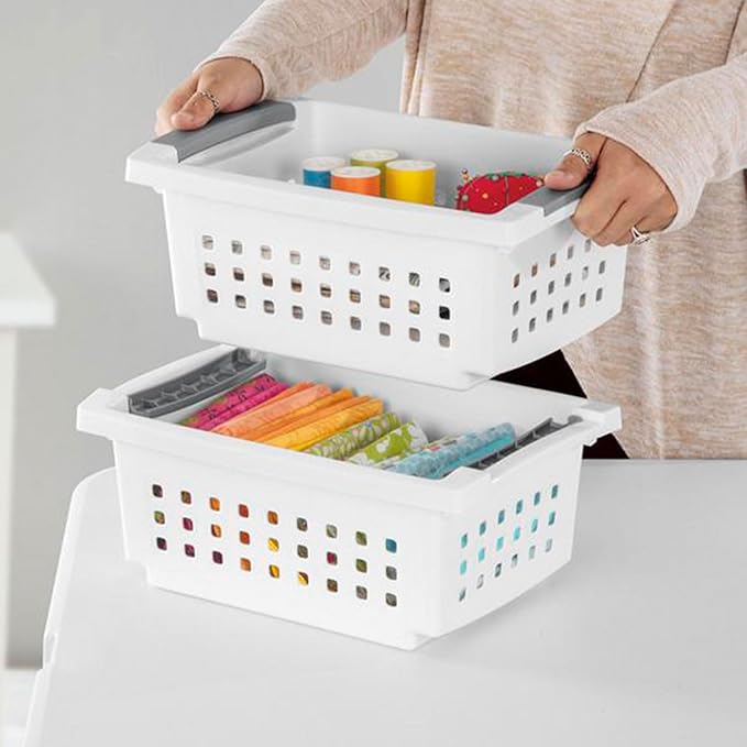 Sterilite Small Plastic Stacking Storage Basket Container Totes w/Comfort Grip Handles and Flip Down Rails for Household Organization, 8 Pack, White