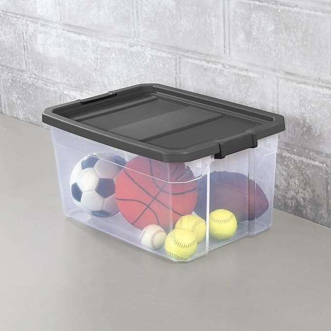 76 Quart Heavy-Duty Stacker Box – Clear Plastic Storage Bin with Secure Latch Lid, Ideal for Home, Garage, Closet & Basement Organization, Dark Gray (2)