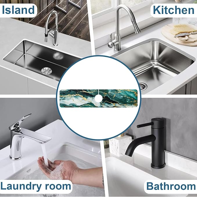 Green Marble Sink Splash Guard Faucet Mat Liquid Gold Marble Super Absorbent Fast Drying Mat Sink Gadgets-Splash Guard Behind Faucet Drip Catcher for Kitchen Bathroom, 23.5"x5.5"