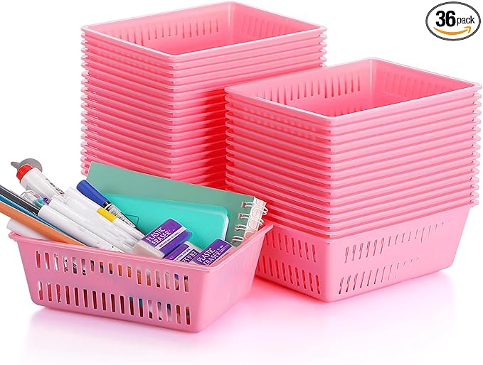 Sherr 36 Pack Classroom Storage Basket Small Plastic Basket for Organizing Crayon Pencil Container Storage Bin Tray Holder for Paper Shelf Back to School Office Supply 6.1" l x 4.3" w x 2.4" h(Pink)