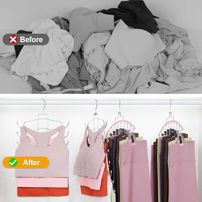 TOPIA HANGER 4 Pack Gym Clothes Organizer, 2 Pack Tank Top Hangers with 2 Pack Leggings Hangers Space Saving Hang 20 Sets Tank Top Bra with Leggings Shorts Pants for Closet Women Pink CT78P
