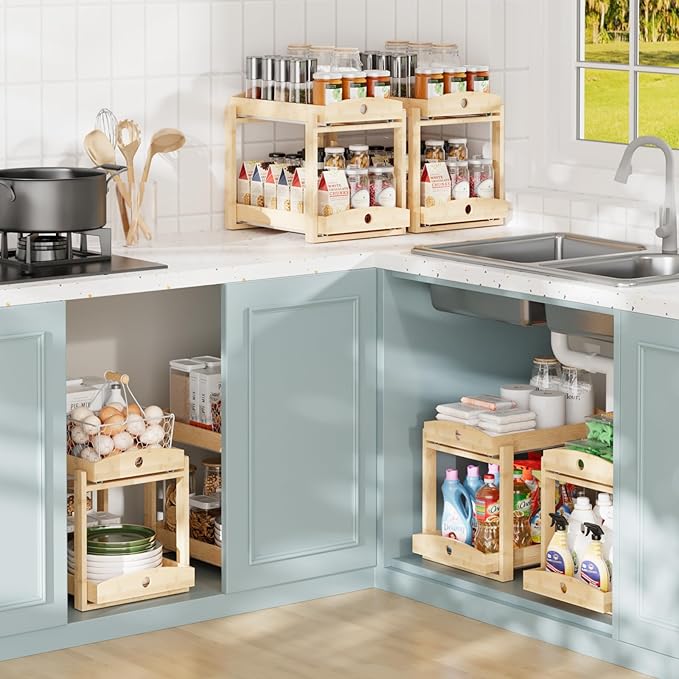 2 Pack Under Sink Organizer, Bamboo Wooden 2-Tier Pull-Out Storage with Sliding Drawers for Kitchen and Bathroom Cabinets, Easy Installation (Natural)