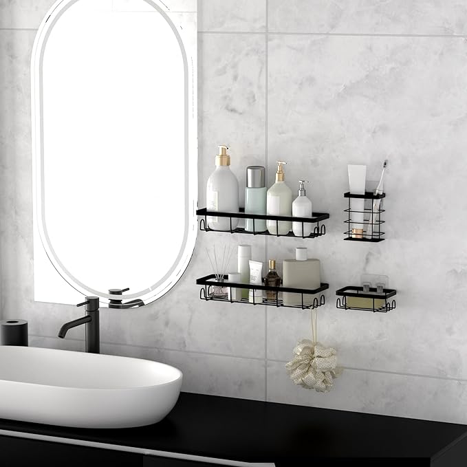 Uninol Shower Caddy Organizer with Hooks,Self Adhesive Bathroom Shelves,No Drilling Bathroom Organizers and Storage,Perfect for RV, Apartment, Home Decor,Black 4PCS