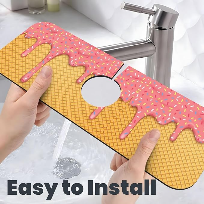 Ice Cream Waffle Cherry Flavor Yummy Summer Dessert 15" X 5.5" Kitchen Sink Splash Guard Faucet Faucet Guard Draining Mat Sink Splash Guard Faucet Kitchen Bathroom