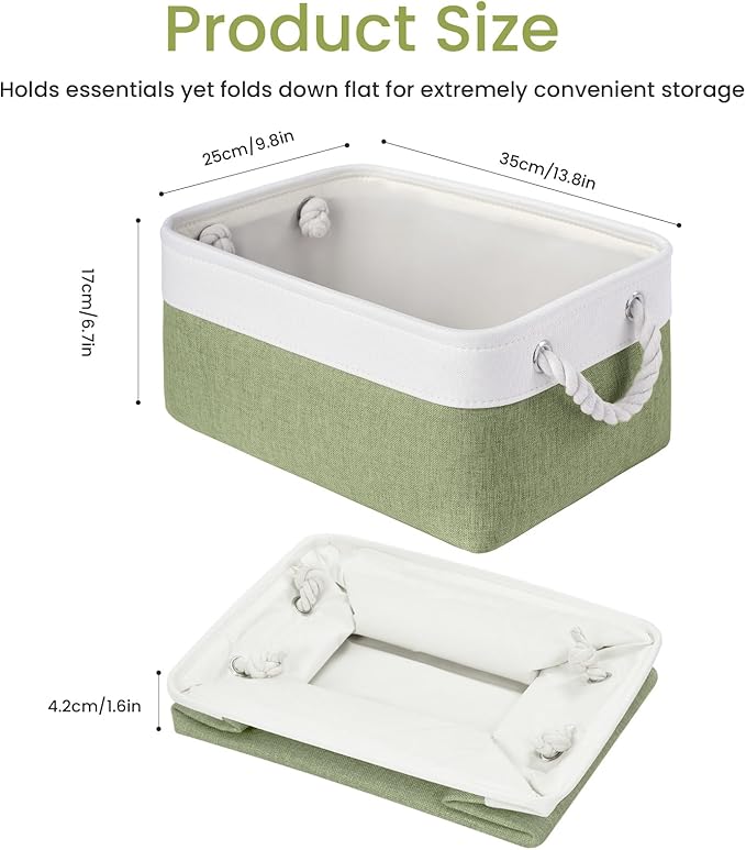 Storage Baskets for Shelves 13.8x9.8x6.7 Inch, Foldable Fabric Storage Bins with Handles, Small Storage Baskets for Organizing Closet, Office, Home Organization (1-Pack, White&Green)
