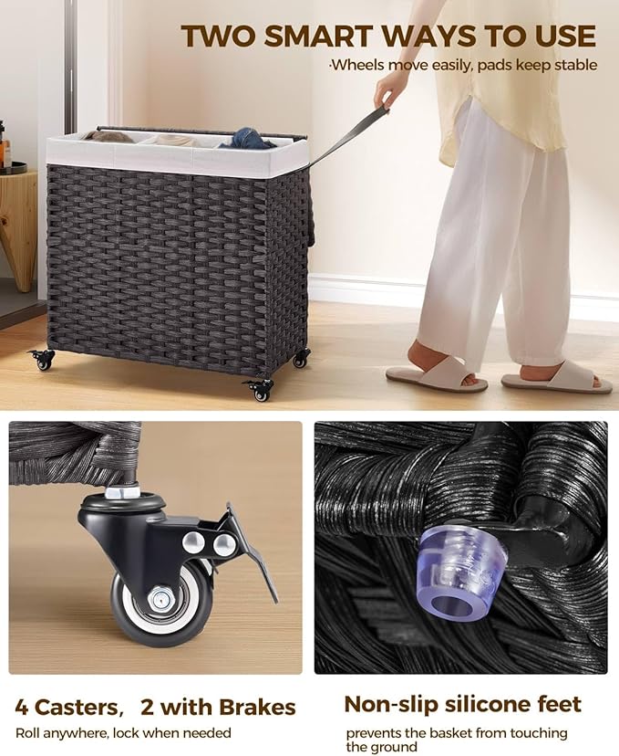Greenstell Laundry Hamper with Wheels&Lid, 130L Large 3 Sections Clothes Hamper with 2 Types Removable Liner Bags, 5 Mesh Laundry Bags, Handwoven Divided Laundry Basket Black