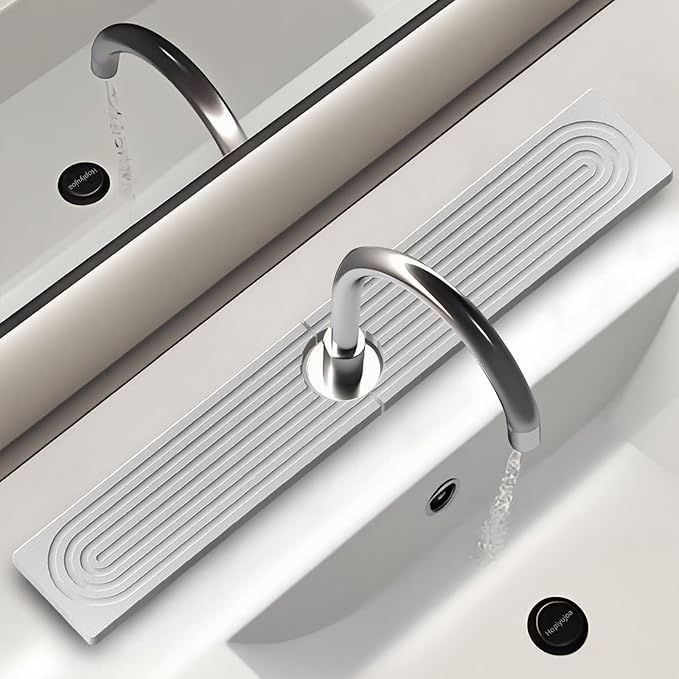 Faucet Mat for Kitchen Sink, 23.6'' Diatomite Stone Drying Mat,Quick Drying Splash Guard,Super Absorbent.Elegant Kitchen ,Bathroom Sink Splash Guard, Durable Countertop Protection (White)