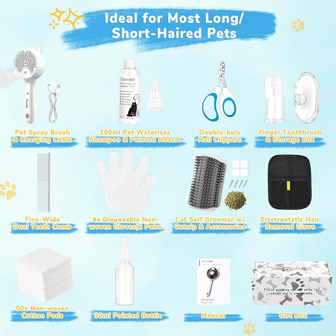 Pet Spray Brush for Cat & Dog, Hair Health & Grooming Set Includes 100ml Waterless Shampoo, Nail Clippers, Toothbrush, Comb, Cat Scratcher with Catnip, Disposable Cleaning Supplies, Gift-Set