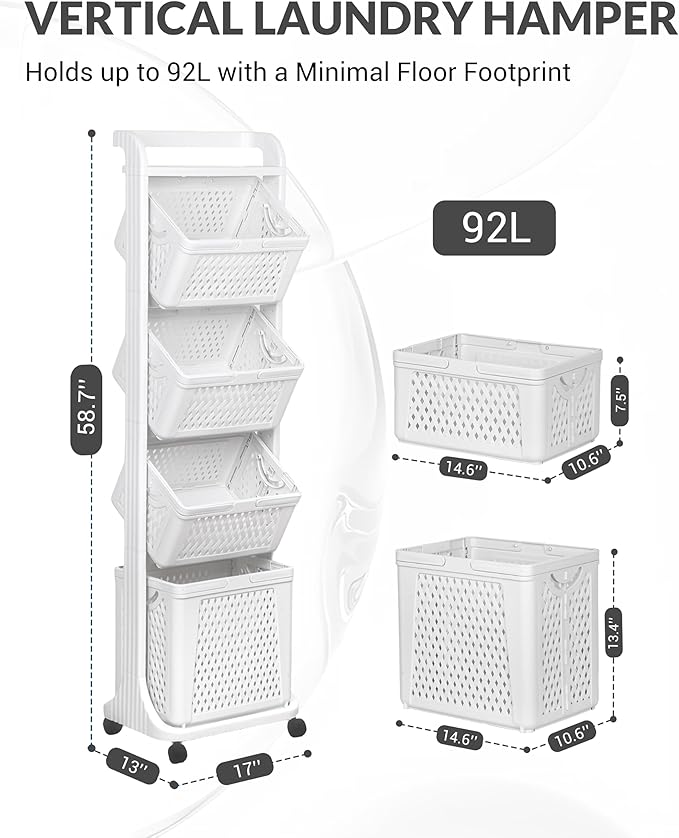4 Tier Laundry Basket Organizer, 92L Vertical Laundry Hamper, Removable Rolling Sorter Baskets With Wheels for Small Space, Dorm, Bathroom, Bedroom
