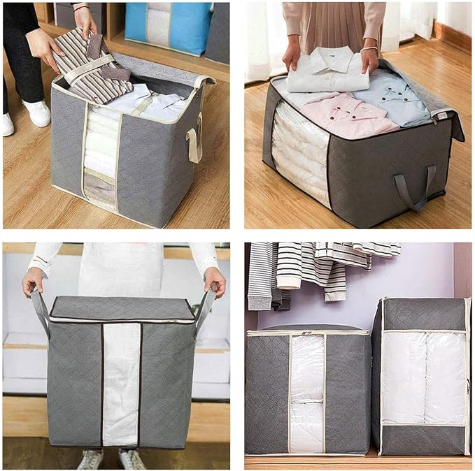 Szxc 2 Pack Foldable Large Storage Bags - Horizontal + Erect for Comforter Blanket Quilt Clothes Pillow, Clear Window & Handles, Closet Under Bed Organizer