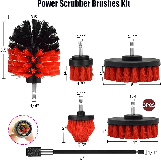 Drill Brush Attachment Set, 7 Pack 1/4in Power Scrubber Brush + Extend Long Rod, Multi-Purpose Power Cleaning Scrub Brush for Bathroom, Tub, Tile, Corner, Floor(Red)