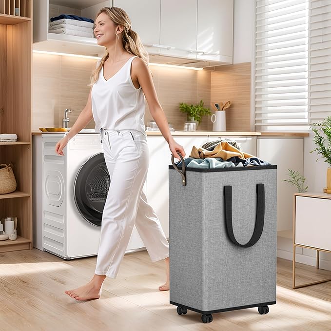 Laundry Basket with Wheels, Collapsible Laundry Baskets, Laundry Hamper with Handles Detachable Wheels, Rolling Laundry Basket, Dirty Clothes Hamper for Bathroom, Dorm, Bedroom, Grey, 80L
