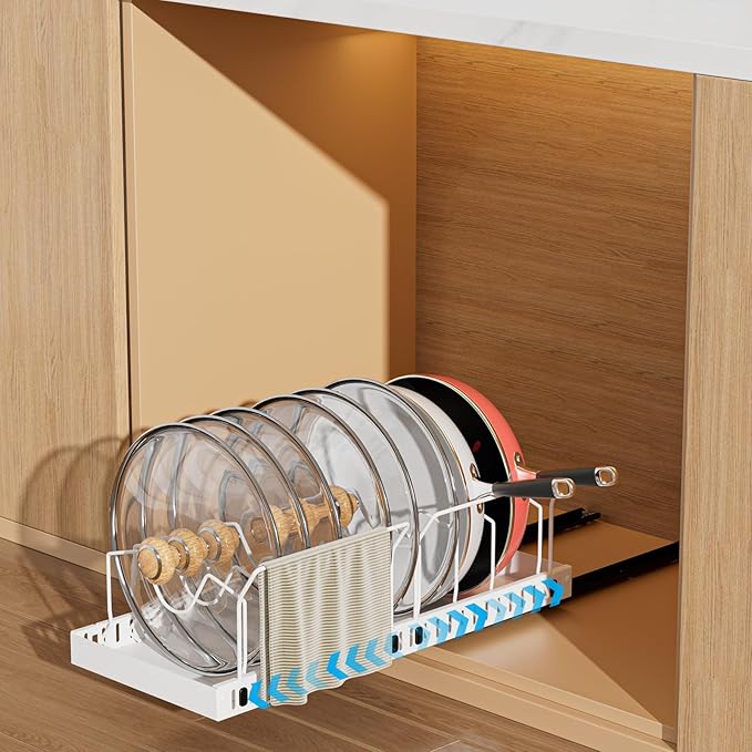 Pots and Pans Organizer Under Cabinet, Pull-out Pots and Pans Organizer, Under Cabinet Pot Lid Holder, Sliding type Pots and Pans Storage with 10 Adjustable Dividers & Handle Bracket - White