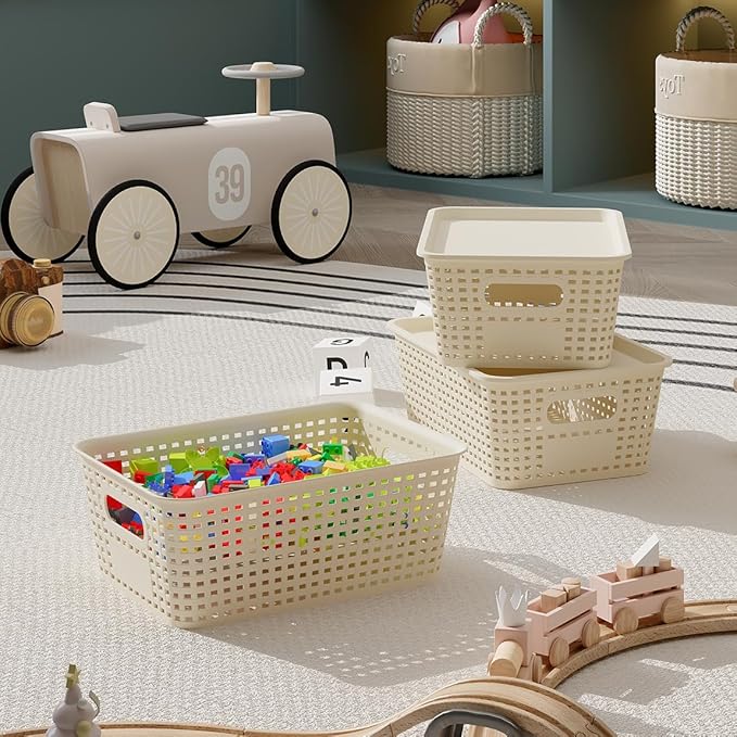 6 Pack Plastic Storage Baskets with Lids, Breathable Stackable Organizer Bins& Containers for Pantry, Desktops, Cabinet, Closet, Offices Organization Toys, Space Saving, Easy-Carry Handles,White