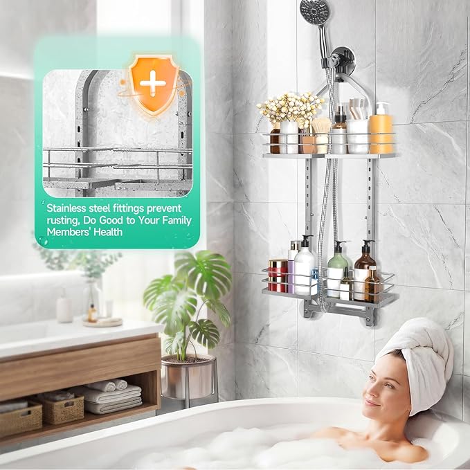 Shower Caddy Hanging for Handheld Showerheads Adjustable Height Extra Long Bathroom Storage Organizer Hanger Rack Rustproof Hose Shower Organizer 4 Levels Height Shower Rack (Sliver)