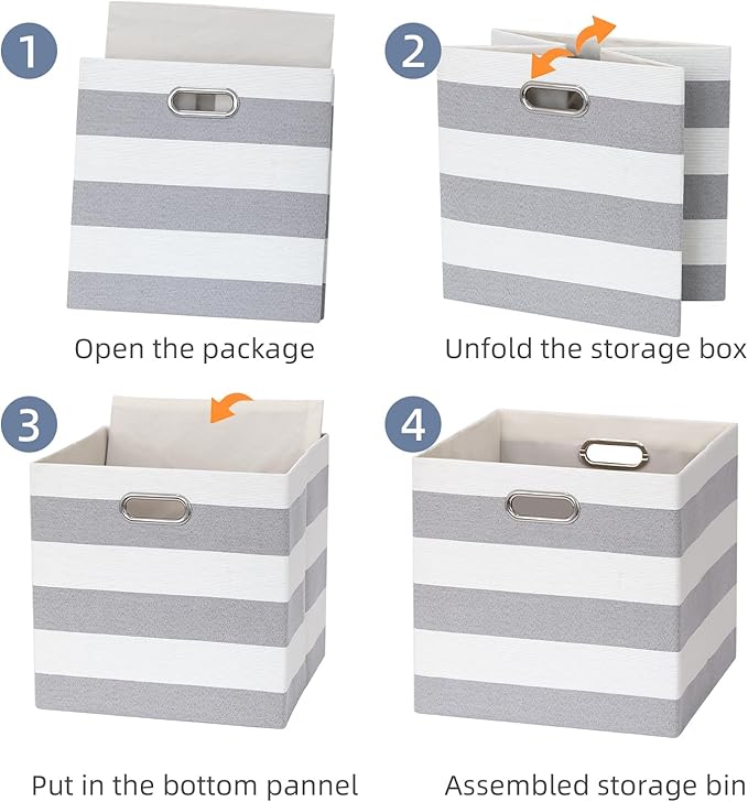 11x11 Cube Storage Bins, Collapsible Fabric Storage Cubes, Cubby Storage Organizer Bins Striped Container Baskets for Organizing Home Office Wardrobe Closet Shelf, Pack of 4, Gray/White