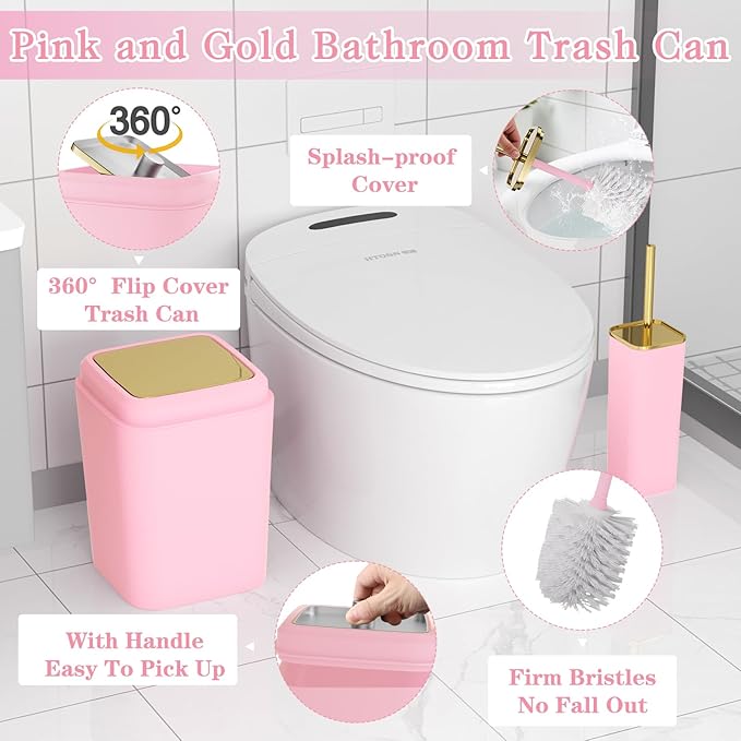 Pink Bathroom Accessories Set, Pink and Gold Bathroom Accessories with Trash Can, Soap Dispenser, Soap Dish, Toothbrush Holder and Q-tip Holders