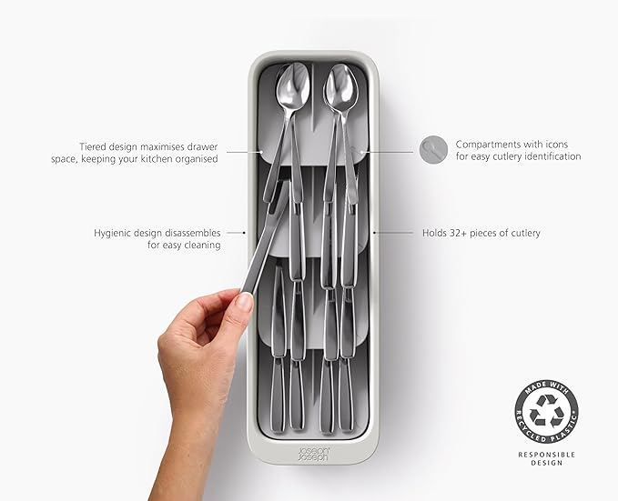 Joseph Joseph DrawerStore Compact Tiered Flatware Cutlery Kitchen Drawer Organizer, Disassembles for Easy Cleaning, Recycled Plastic