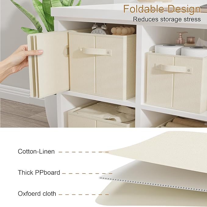 Foldable Cloth Basket with 3 Handles, Decorative Open Storage Boxes, Stackable Cube Organization, Fabric Bins for Shelves, Closet, Living Room, 13x9.1x7.9in, Beige, 2 Pack