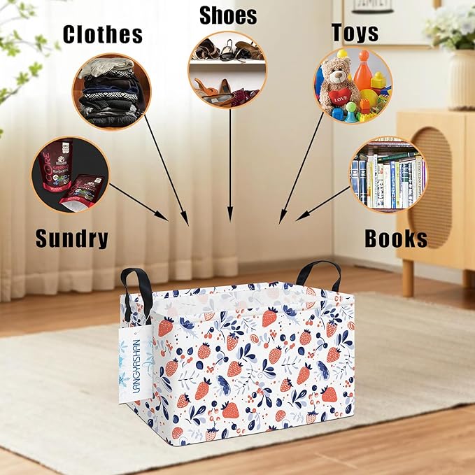 LANGYASHAN Rectangular Storage Bin Collapse Canvas Fabric Cartoon Storage Basket with Handles for Organizing Home Kitchen Boys and Girls Toys Office Closet Shelf Baskets (Rec Strawberry)