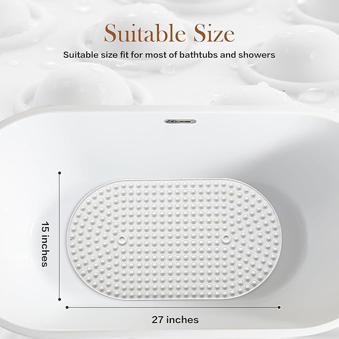 Joiyota Silicone Bath Mat for Tub Non Slip, Bubble Massage Anti Slip Shower Mat with 27 x 15 Inches for Easy Storage, Washable Bathtub Floor Mats for All Ages, White, Oval