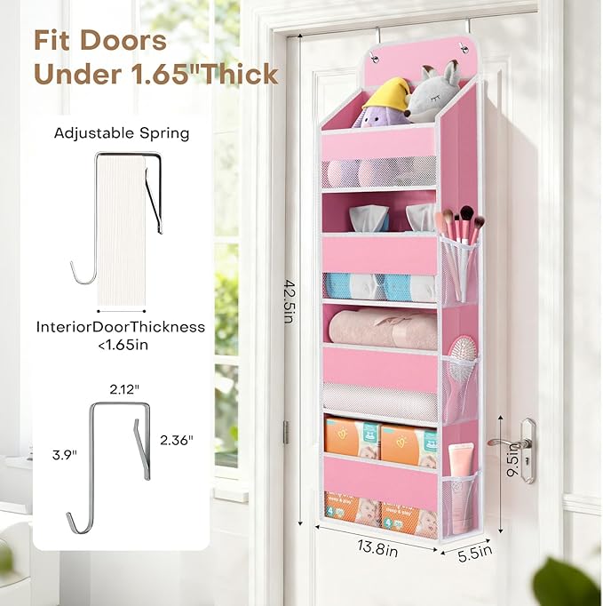 SpaceWhisper Over the Door Organizer, 4 Large Pocket Hanging Storage Organizer with 40lb Capacity, Space Saving for Nursery, Bathroom, Bedroom, Closet - Baby Essentials & Toiletry Organizer (Pink)