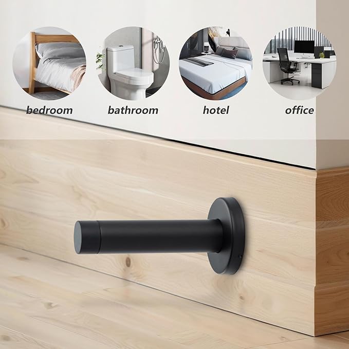 HOME MASTER HARDWARE 4 Pack Black Door Stoppers – 3.5 Inch Heavy Duty 304 Stainless Steel Door Stop with Rubber Tip Bumper, Wall Protector & Sound Dampening