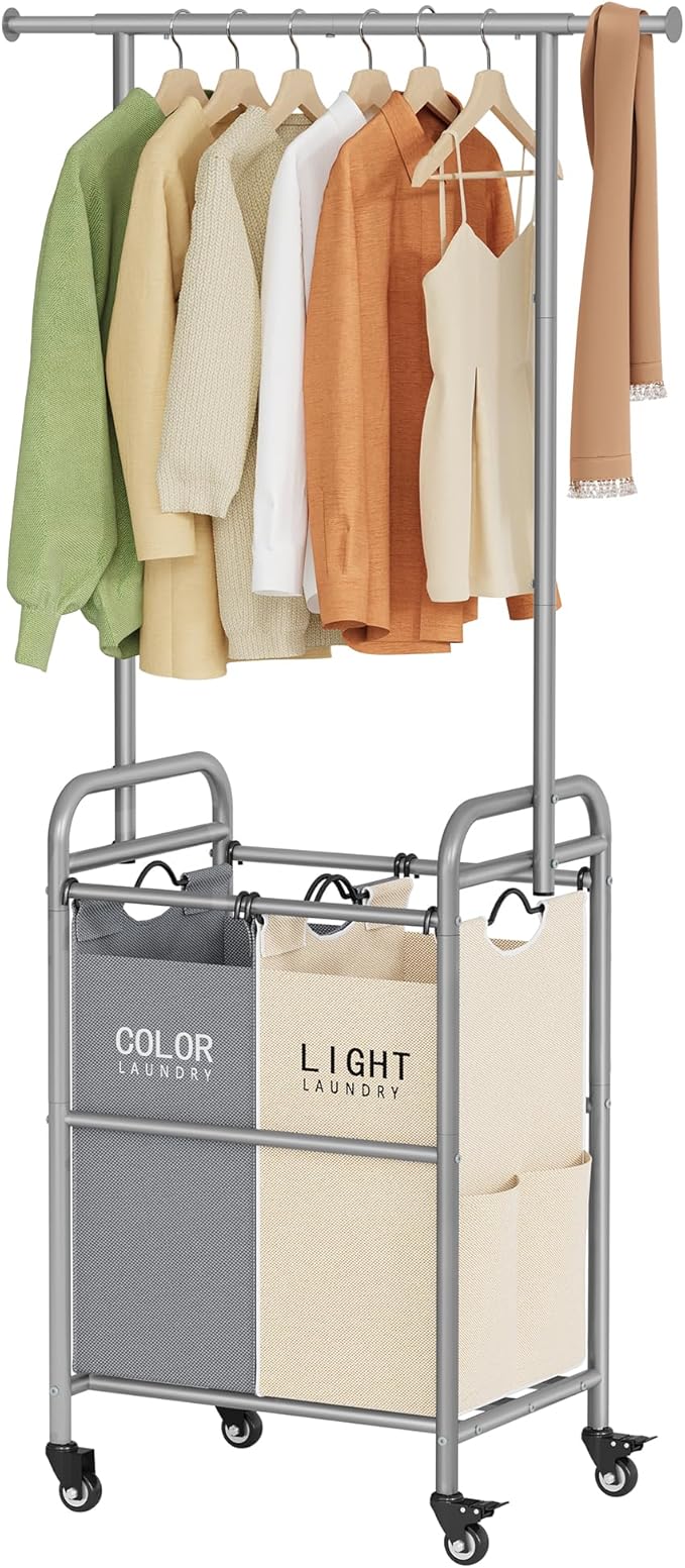 Tajsoon Laundry Sorter with Hanging Rack, 2 Section Rolling Laundry Hamper with Lockable Wheels and Removable Bag, Beige & Gray