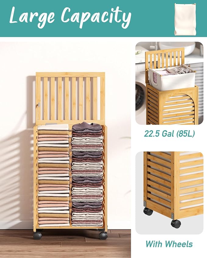 Laundry Hamper with Wheels, Laundry Basket with Lid, 22.5Gallon (85L) Bamboo Wood Clothes Laundry Hamper 2 Section with Handles, Removable Liner