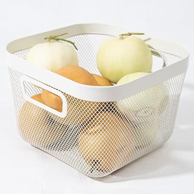 Metal Mesh Steel Baskets, Household Wire Storage Organizer Bin Garden Harvest Basket Multi-functional Fruit Baskets with Handles for Kitchen Bathroom Picnic Shopping Decor Cabinet Home, White