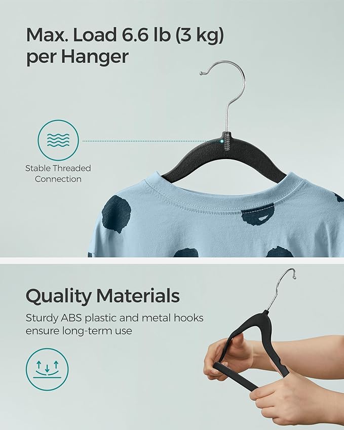 SONGMICS Baby Kids Hangers 50 Pack for Closet, 11.8 x 8.1 Inches, Silver 360° Swivel Hooks, Space-Saving Clothes Velvet Hangers for Nursery, Non-Slip, Ink Black UCRF027B05