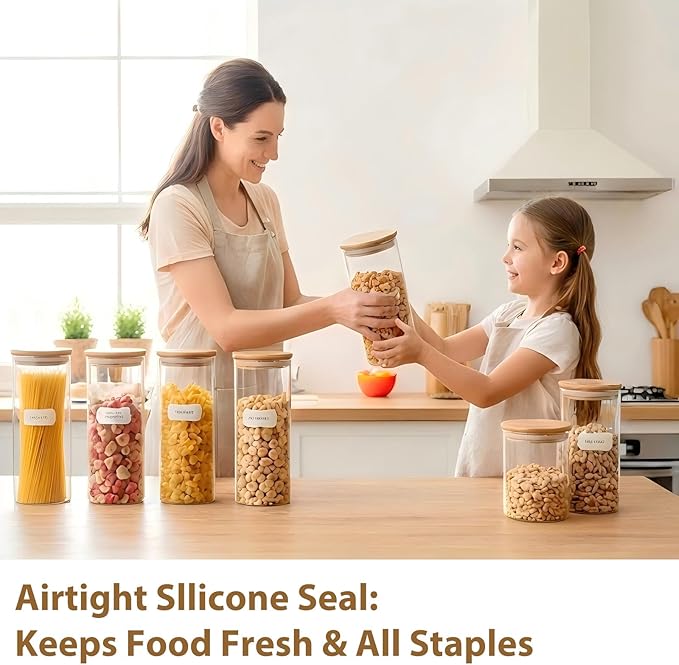 73oz Glass Spaghetti Pasta Containers for Pantry Organization, 3-Pack Large Airtight Food Jars with Bamboo Lids and Non-Slip Silicone Bases, Clear Storage Canisters for Flour, Cereal, Rice