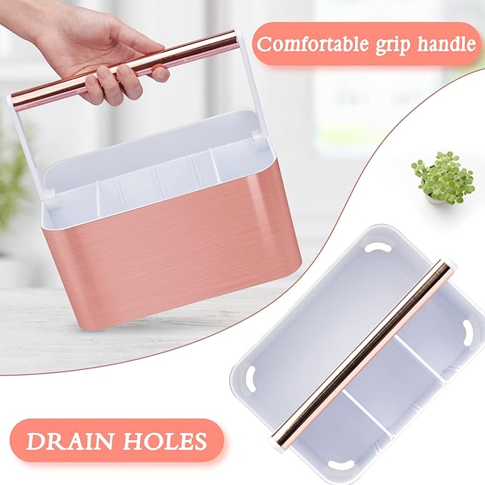 BYUNER Compact Shower Caddy Dorm - Portable Bathroom Caddy Organizer with Handle and Adjustable Divider for College Dorm & Shared Bathroom, Hard Plastic Shower Basket Tote for Toiletry Drainage, Pink
