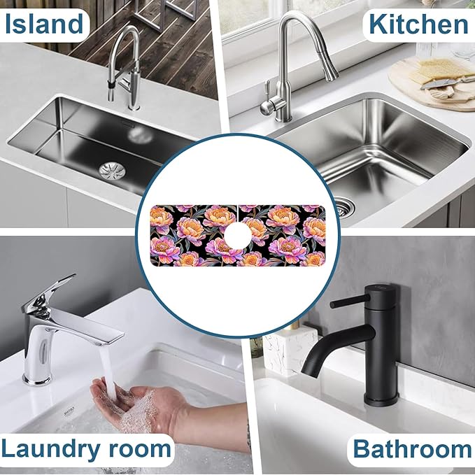 Colorful Peonies Sink Splash Guard Blooming Peonies Faucet Absorbing Mat Fast Drying Mat Sink Gadgets Splash Guard Behind Faucet Drip Catcher for Kitchen Bathroom, 15.5"x5.5"