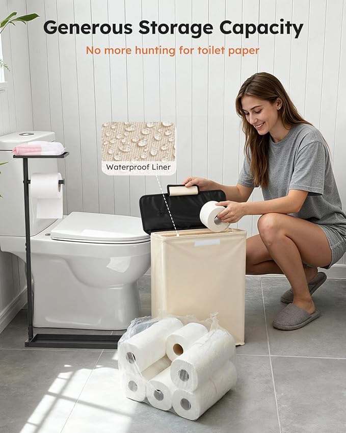 SOLEDI Freestanding Toilet Paper Holder Stand,Bathroom Toilet Paper Storage Organizer with Lid for up to 12 Rolls,Featuring Shelf and Sturdy Metal Base,Beige