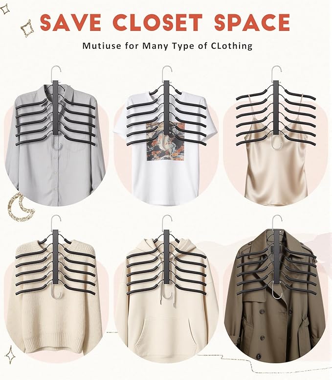 HUITEM Clothes Hangers Space Saving 6 Tier Coat Hangers, Swing Arm Non Slip Padded Multi Sweater & T Shirt Hangers, 3 Packs Heavy Duty Stainless Steel Sweater Closet Organizers and Storage