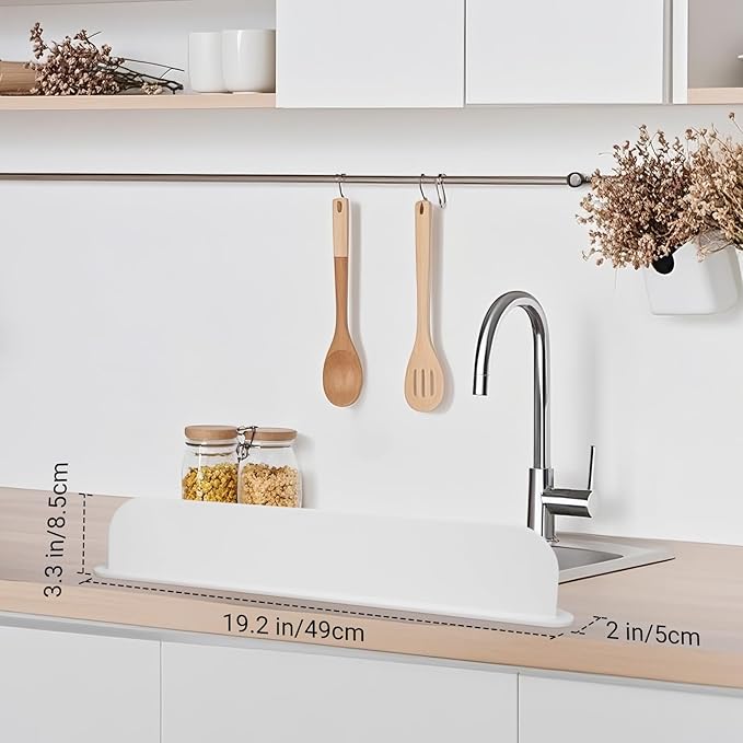 19.29 inch Silicone Sink Splash Guard, Splash Guard for Kitchen Sink Area, Backsplash Protector for Kitchen Countertop & Bathroom Bathtub with Non-Slip Strong Suction, White