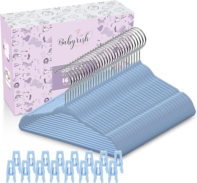 Velvet Baby Hangers with Clips (30 Pack) | 11” Ultra-Slim Baby Clothes Hangers | Non-Slip Felt | Space-Saving Nursery & Infant Closet Organizer | Blue
