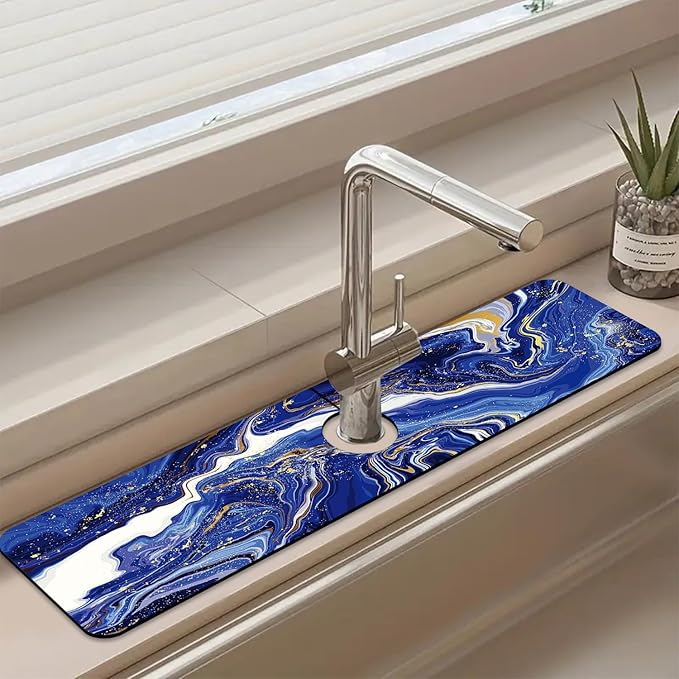 Sink Faucet Absorbing Mat Blue Gold Marble Sink Splash Guard Drying Mat for Kitchen Bathroom Faucet Sinkmat 23.5"X5.5"