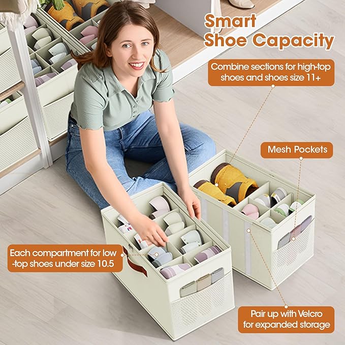 2 Pack Shoe Organizer for Closet,Foldable Shoe Storage Organizer with Adjustable Dividers, Shoe Storage Box with Clear Cover, Fits up to 16 Pairs, Beige