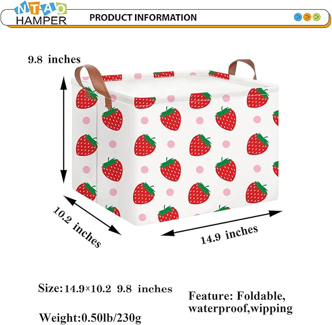 Rectangular Storage Basket Empty, Storage Bin with Handles, Room Decor, Gift Basket, Book Box(Strawberry)