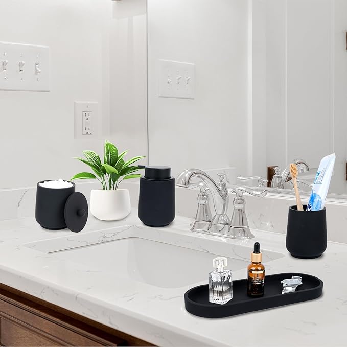 Black Bathroom Accessories Set - 4 Pcs Bathroom Accessory Sets with Toothbrush Holder,Lotion Soap Dispenser,Qtip Holder Dispensr & Vanity Tray,Bathroom Countertop Vanity Oganizer - Matte Black