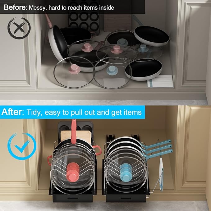 Golener 2 Packs Fixed Pots and Pans Organizer Under Cabinet, No Drill Slide-Out Pan Organizer with Adjustable Dividers & Handle Bracket, Pot Lid Holder, Pan Storage Inside Cabinet for Kitchen