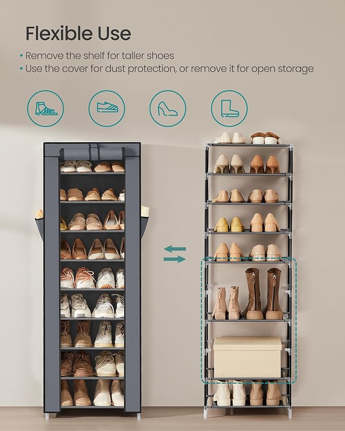 SONGMICS 10-Tier Shoe Rack, Shoe Storage Cabinet with Dustproof Cover, Free-Standing Storage Organizer for Closet, Entryway, Hold 20 Pairs of Shoes, for Sneakers, High Heels, Gray URXJ034GN02