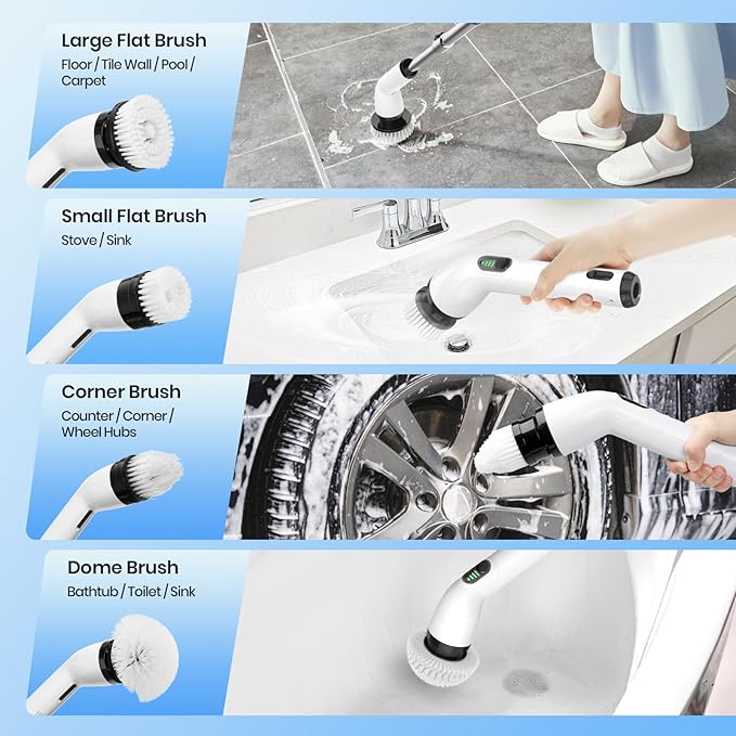 Keimi Electric Spin Scrubber, Full-Body IPX7 Waterproof Cordless Shower Scrubber with 4 Replaceable Heads, Upgraded Extension Handle, 2H Work Time, 2 Speeds for Bathroom Shower Tile Glass