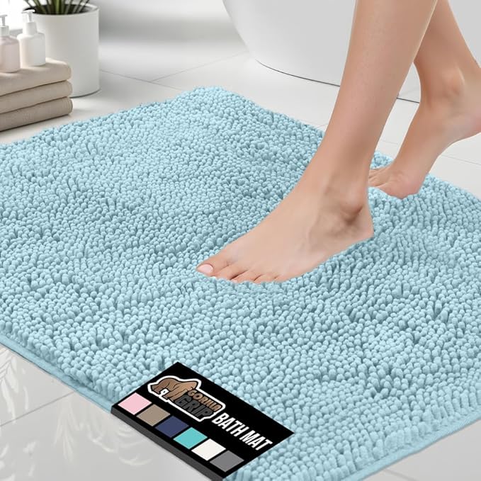 GORILLA GRIP Bath Rug Mat 30x20, Thick Soft Absorbent Chenille, Quick Dry Microfiber Mats, Rubber Backing Washable Shower Floor Rugs, US Designed Bathroom Bathmat Home Decor Accessories, Sky Blue